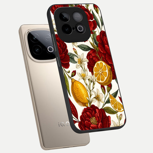 Lemon Rose Charm phone case for iQOO Neo 10 showing premium glass back cover with detailed artwork