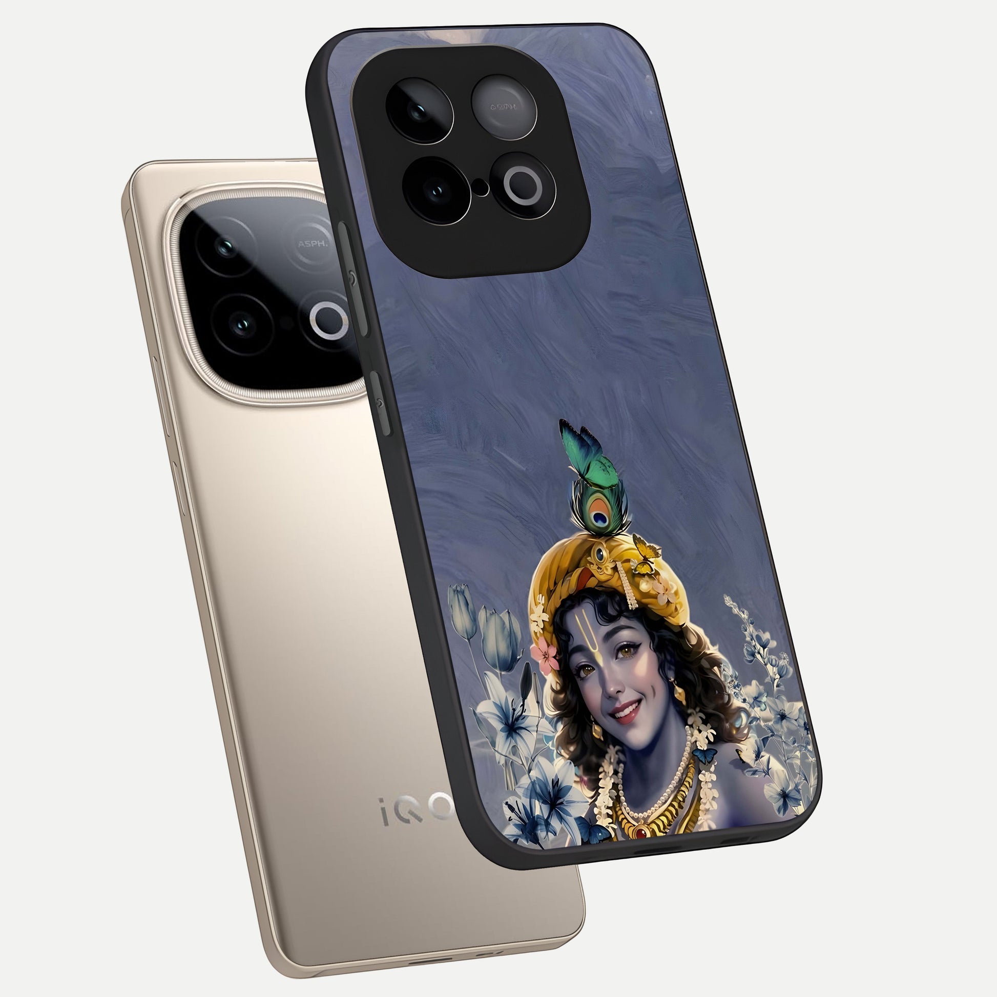  Lord Krishna phone case for iQOO Neo 10 showing premium glass back cover with detailed artwork