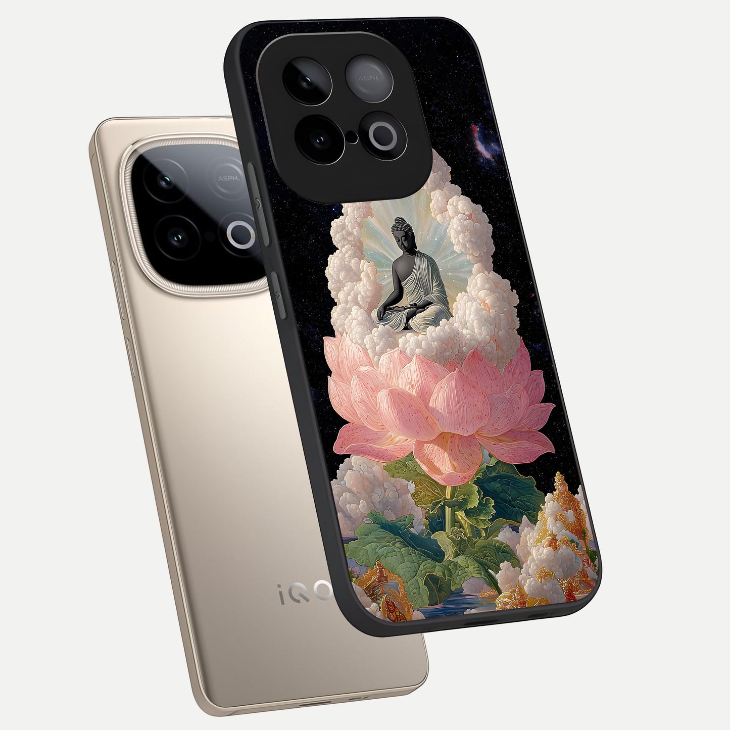  Lotus Divine Peace phone case for iQOO Neo 10 showing premium glass back cover with detailed artwork