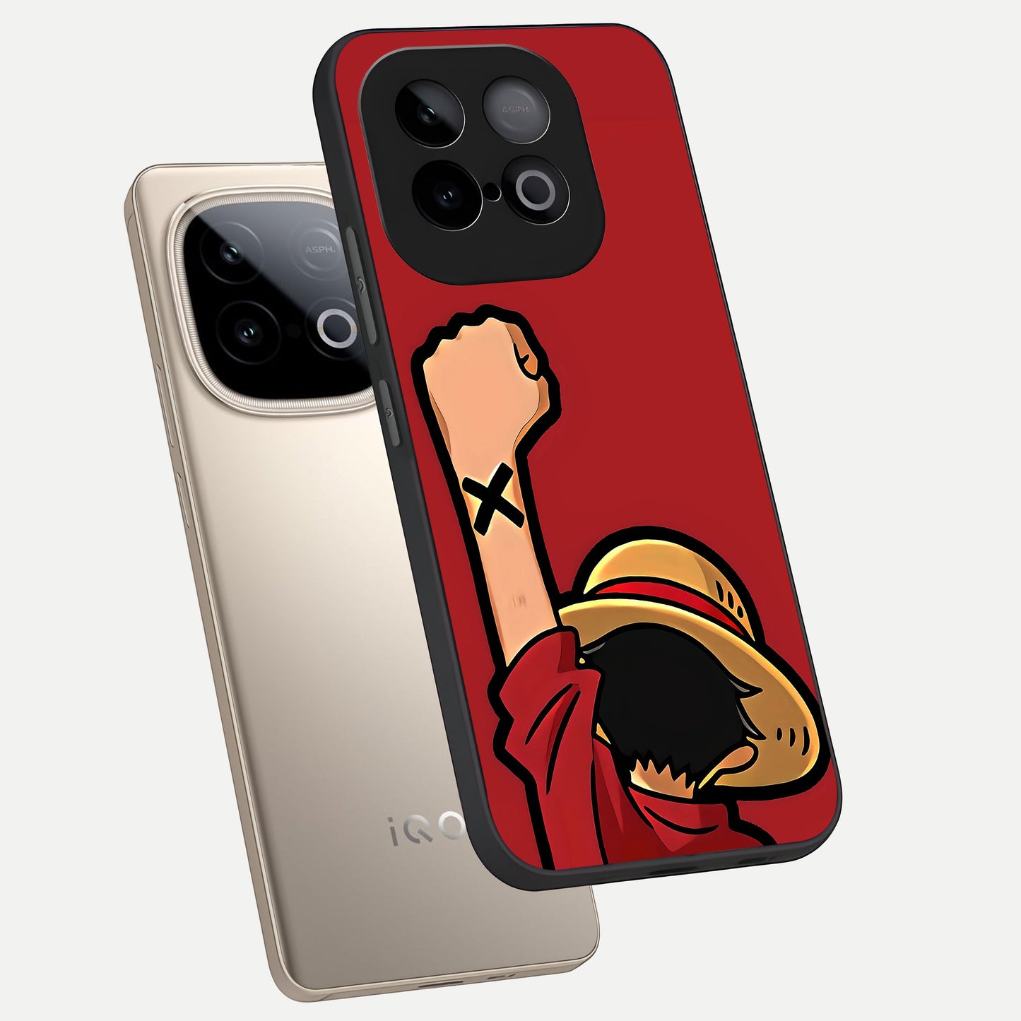  Luffy X Spirit phone case for iQOO Neo 10 showing premium glass back cover with detailed artwork