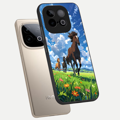  Majestic Horses Galloping phone case for iQOO Neo 10 showing premium glass back cover with detailed artwork