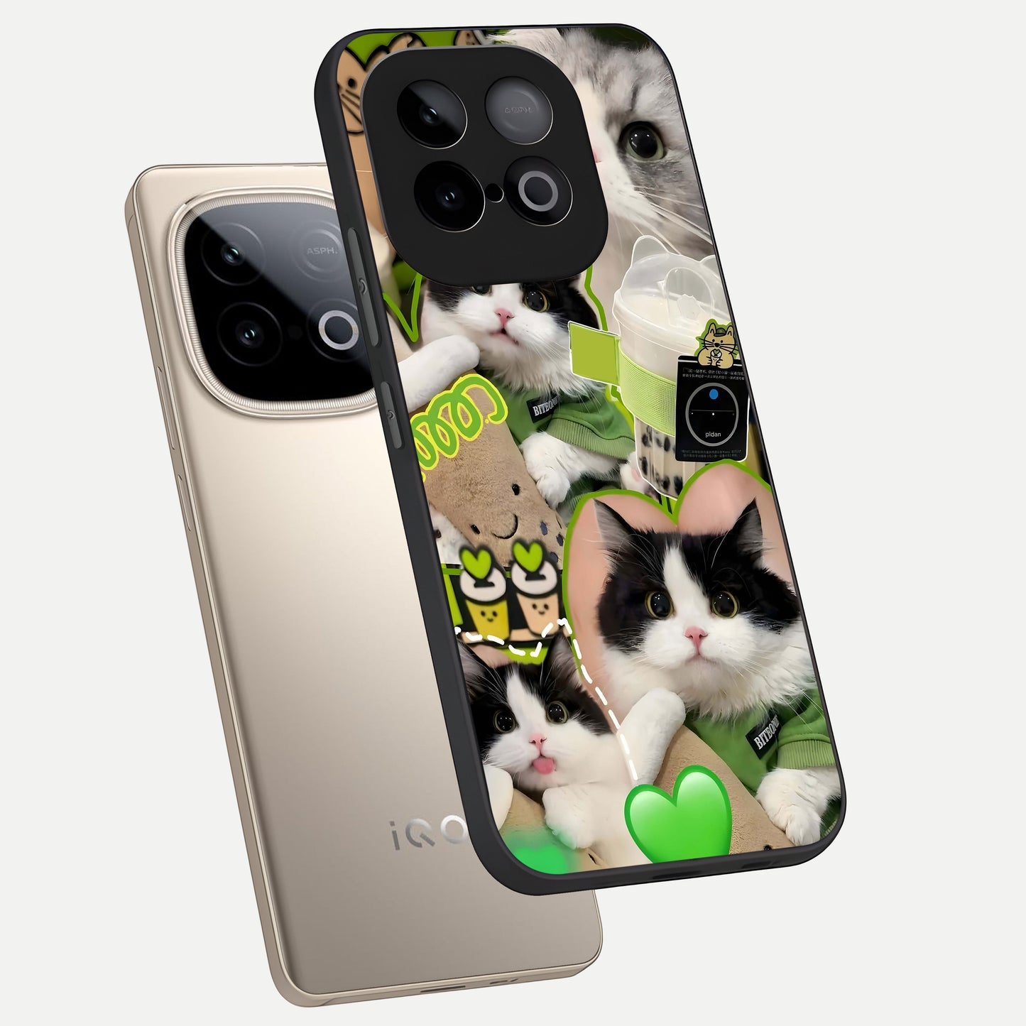  Matcha Cats Mood phone case for iQOO Neo 10 showing premium glass back cover with detailed artwork