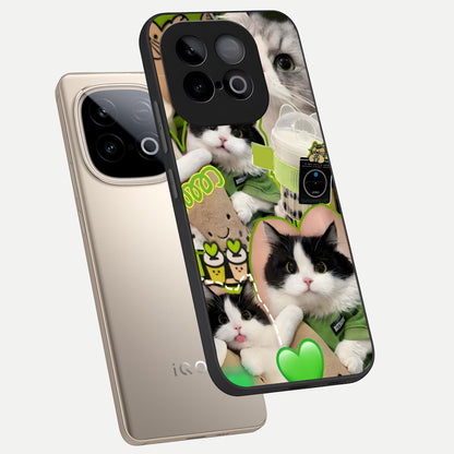  Matcha Cats Mood phone case for iQOO Neo 10 showing premium glass back cover with detailed artwork