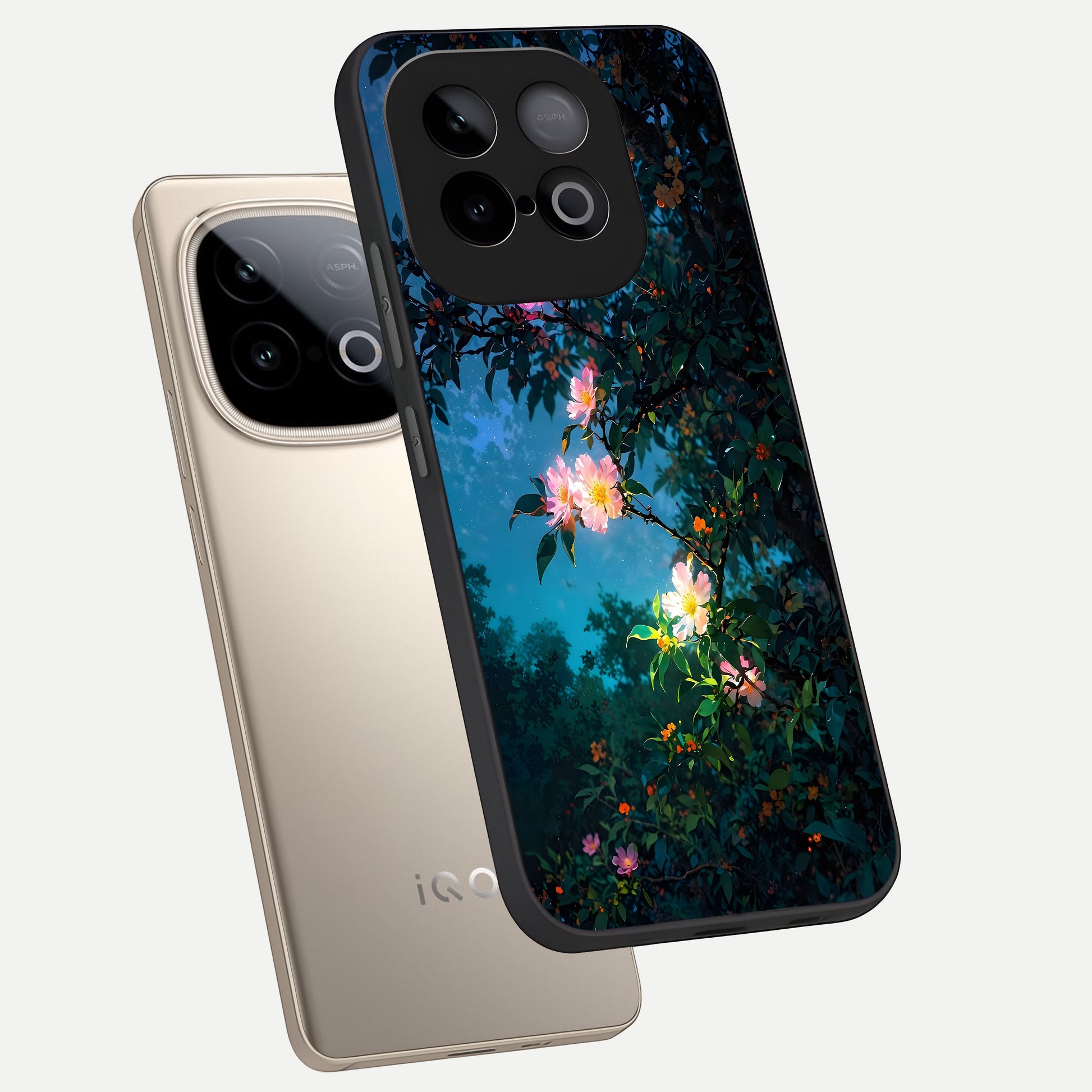 Midnight Bloom Glow phone case for iQOO Neo 10 showing premium glass back cover with detailed artwork