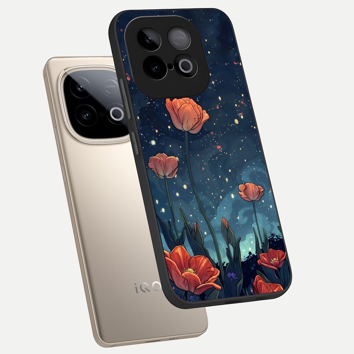  Midnight Tulip Glow phone case for iQOO Neo 10 showing premium glass back cover with detailed artwork