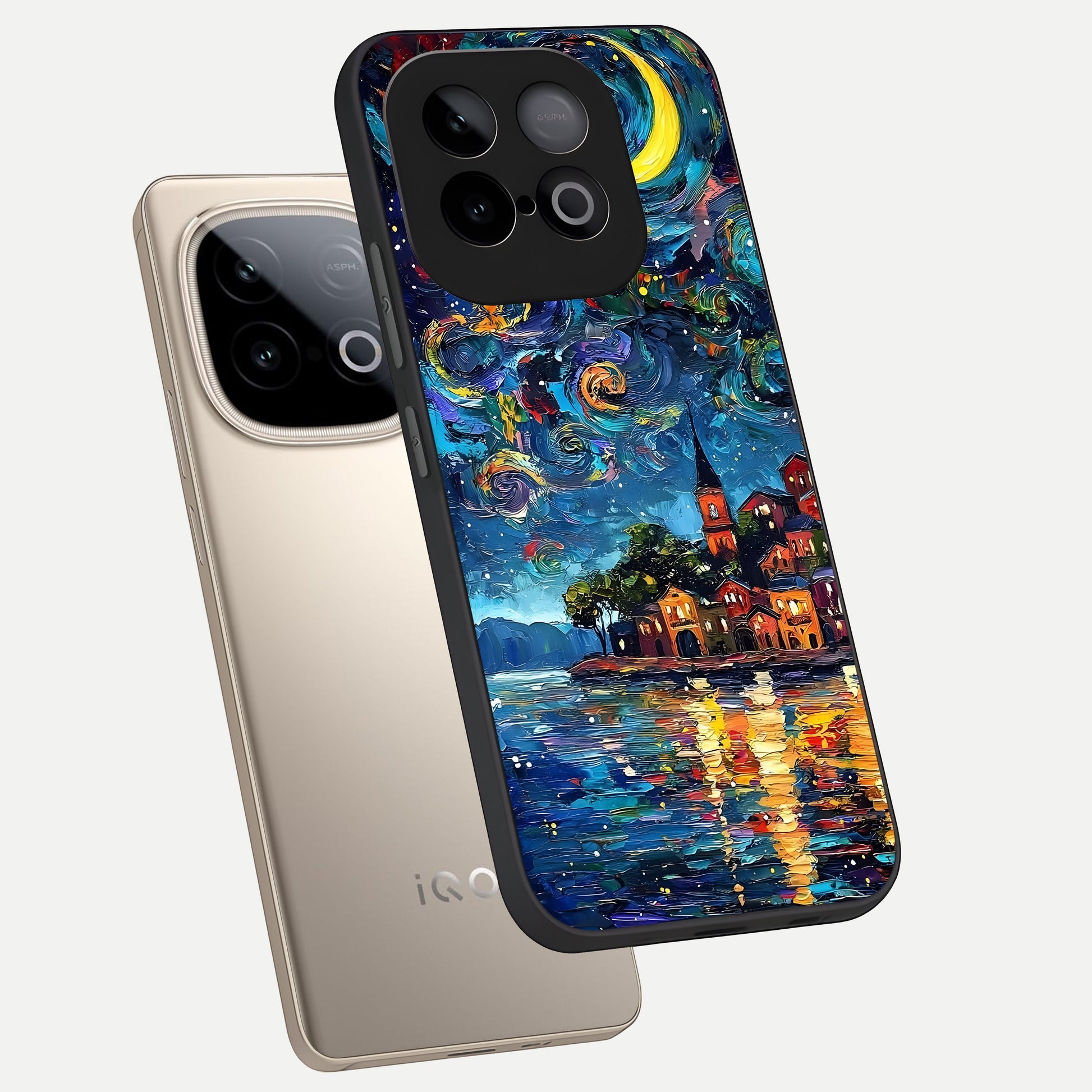  Moonlight Harbor Glow phone case for iQOO Neo 10 showing premium glass back cover with detailed artwork