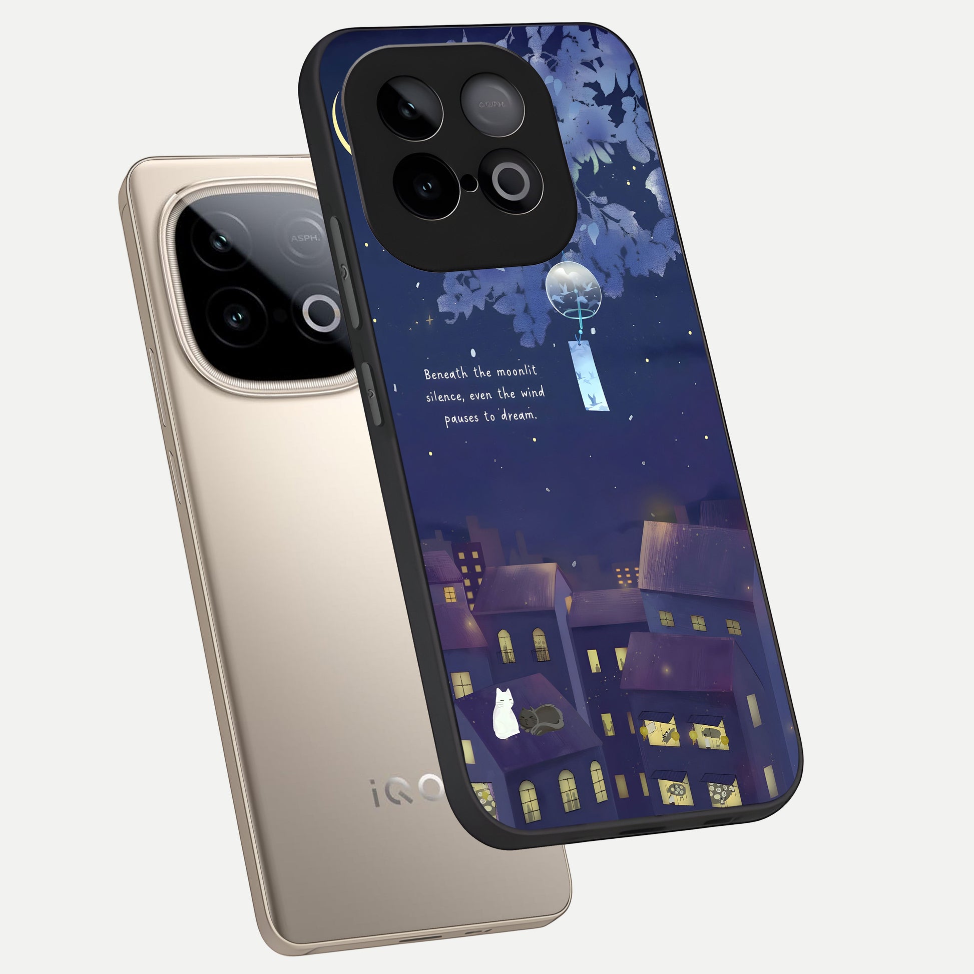 Moonlit Cat Silence phone case for iQOO Neo 10 showing premium glass back cover with detailed artwork