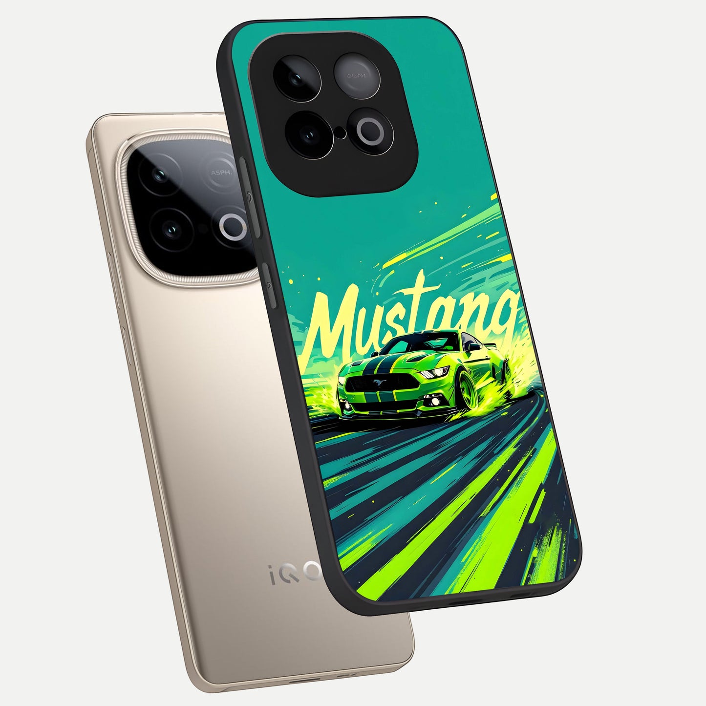 Mustang Bang phone case for iQOO Neo 10 showing premium glass back cover with detailed artwork