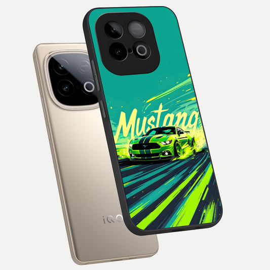  Mustang Bang phone case for iQOO Neo 10 showing premium glass back cover with detailed artwork