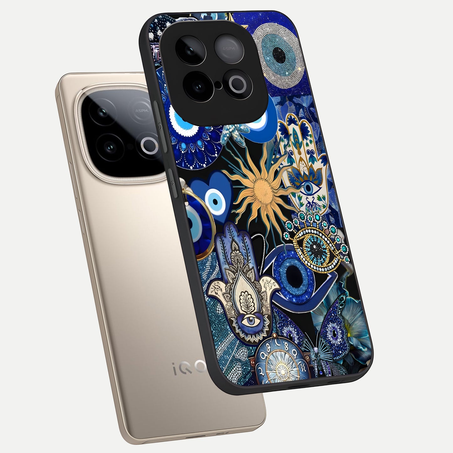  Mystic Blue Evil Eye phone case for iQOO Neo 10 showing premium glass back cover with detailed artwork