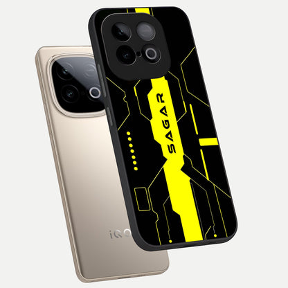  Neon CYBERPUNK Custom Name phone case for iQOO Neo 10 showing premium glass back cover with detailed artwork