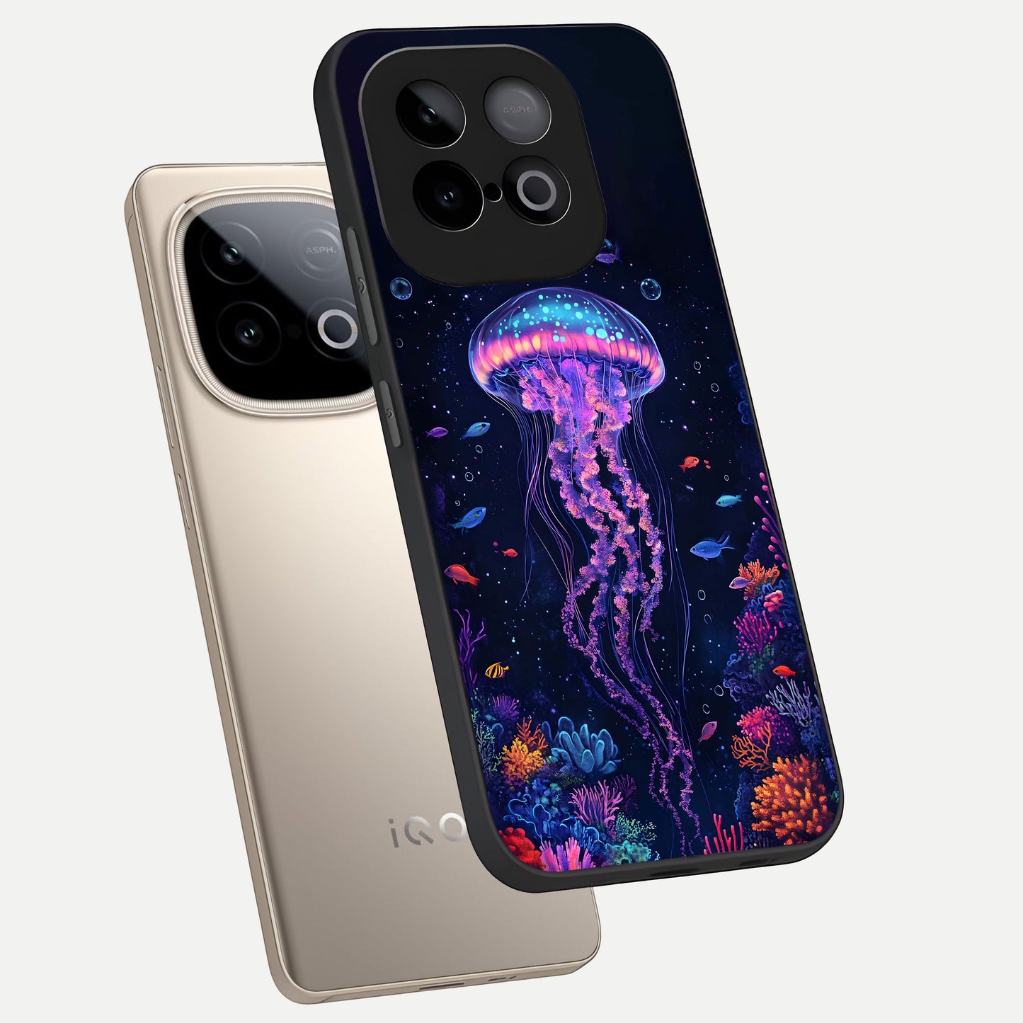  Neon Jellyfish phone case for iQOO Neo 10 showing premium glass back cover with detailed artwork
