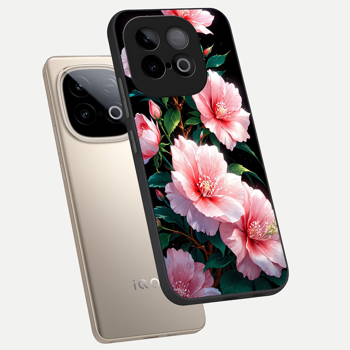  Peach Flower phone case for iQOO Neo 10 showing premium glass back cover with detailed artwork