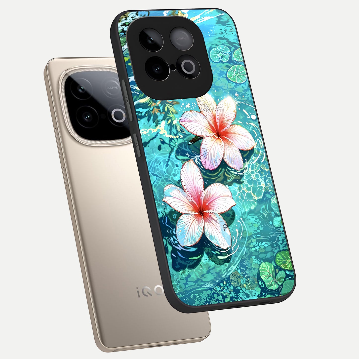  Pink Flowers in Water phone case for iQOO Neo 10 showing premium glass back cover with detailed artwork