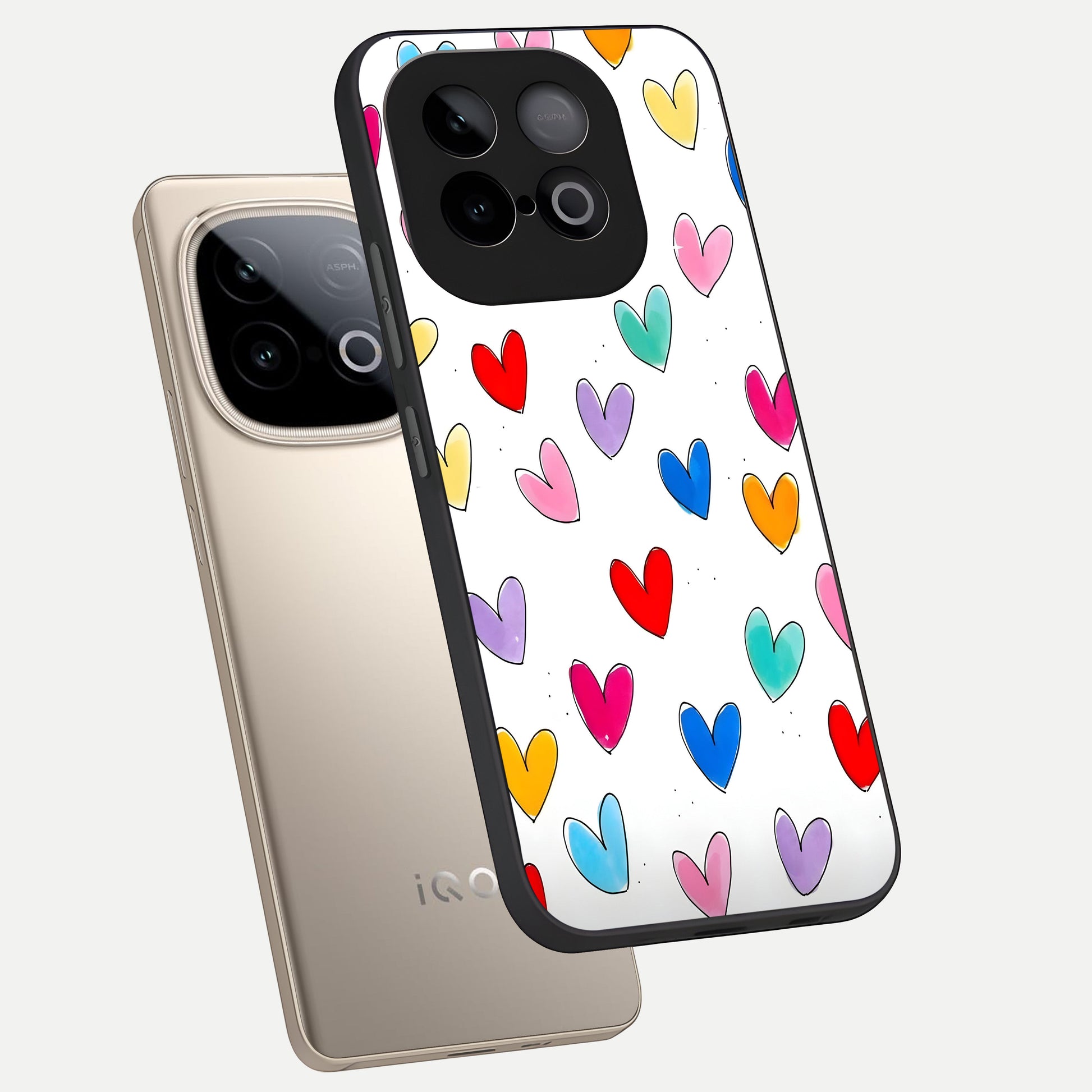  Playful Love Doodles phone case for iQOO Neo 10 showing premium glass back cover with detailed artwork