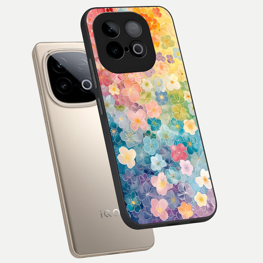  Rainbow Blossom Burst phone case for iQOO Neo 10 showing premium glass back cover with detailed artwork