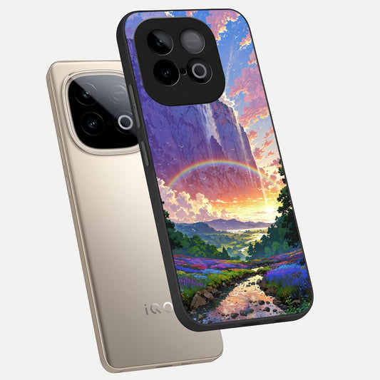  Rainbow Valley Dream phone case for iQOO Neo 10 showing premium glass back cover with detailed artwork