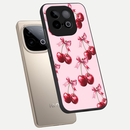  Red Cherries Pattern phone case for iQOO Neo 10 showing premium glass back cover with detailed artwork