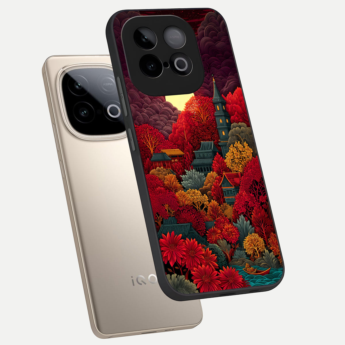  Scarlet Autumn Temple phone case for iQOO Neo 10 showing premium glass back cover with detailed artwork