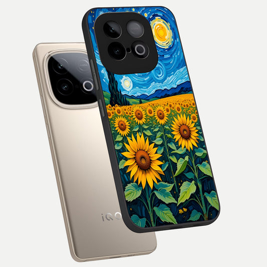  Starry Sunflower Dreams phone case for iQOO Neo 10 showing premium glass back cover with detailed artwork