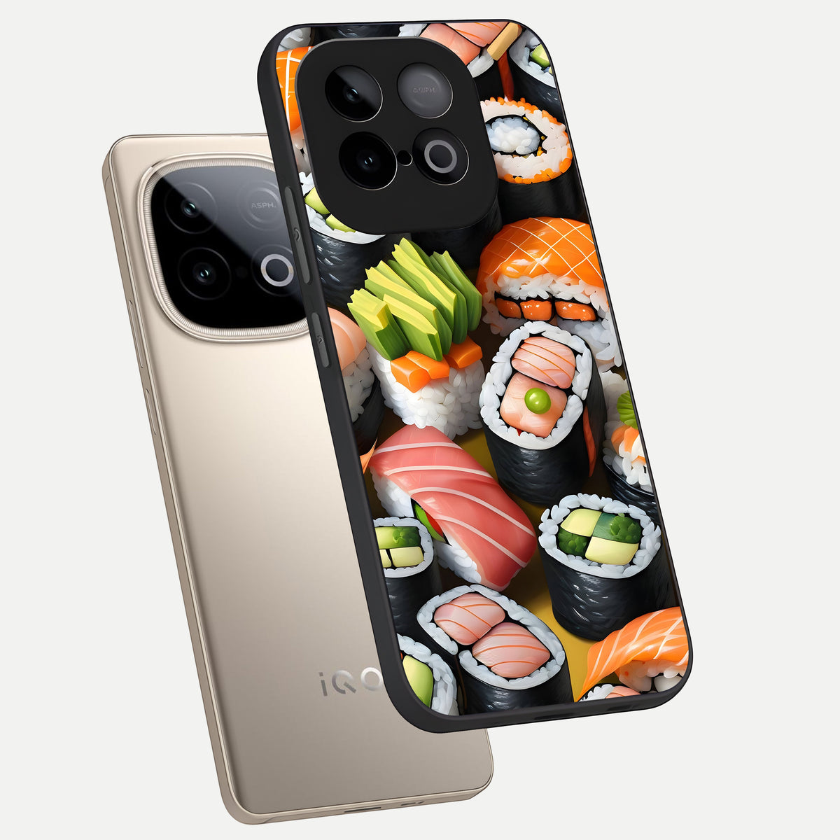  Sushi Food Pattern phone case for iQOO Neo 10 showing premium glass back cover with detailed artwork