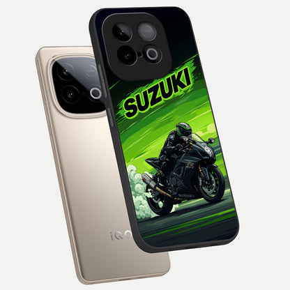  Suzuki Speed Beast phone case for iQOO Neo 10 showing premium glass back cover with detailed artwork