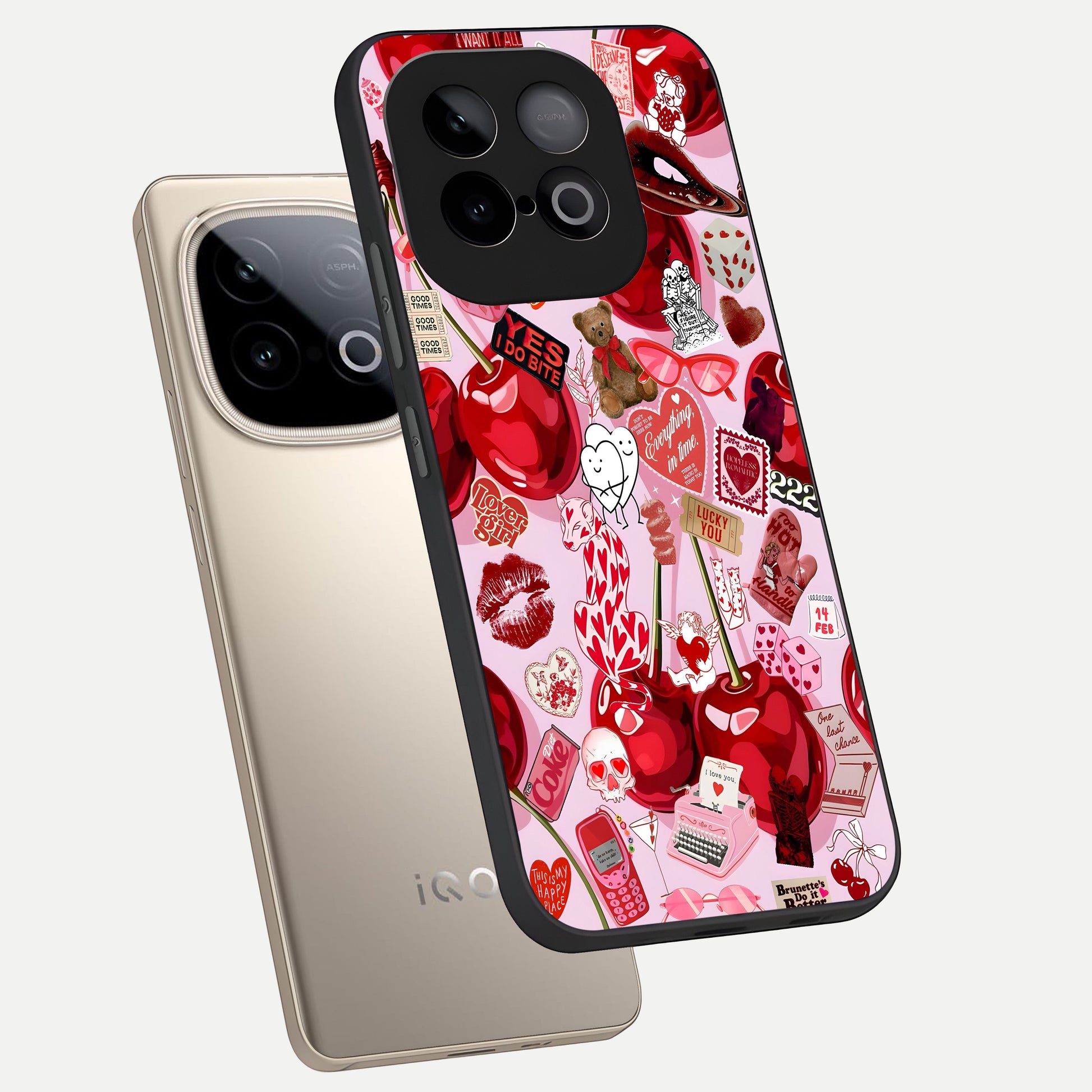  Sweet Cherry Chaos phone case for iQOO Neo 10 showing premium glass back cover with detailed artwork