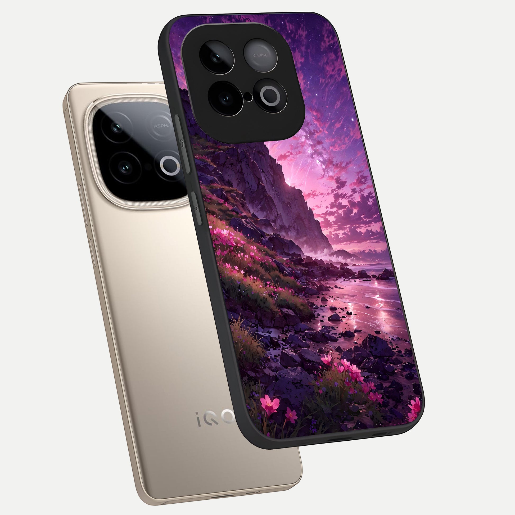  Twilight Blossom Coast phone case for iQOO Neo 10 showing premium glass back cover with detailed artwork