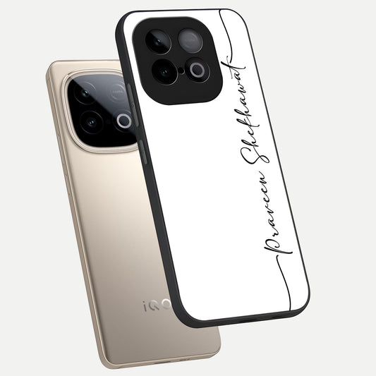  White Tune Custom Name phone case for iQOO Neo 10 showing premium custom name glass back cover
