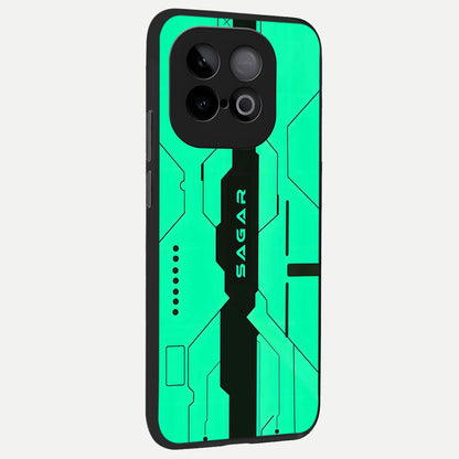  Aqua Tech CYBERPUNK Custom Name back cover for iQOO Neo 10 slim fit glass case with vibrant aesthetic design