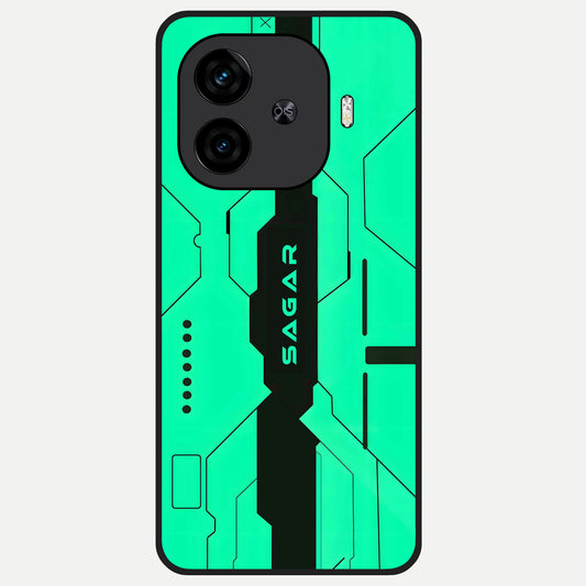  Aqua Tech CYBERPUNK Custom Name Glass Case for  iQOO Z9 Turbo back cover – full design glossy printed glass finish