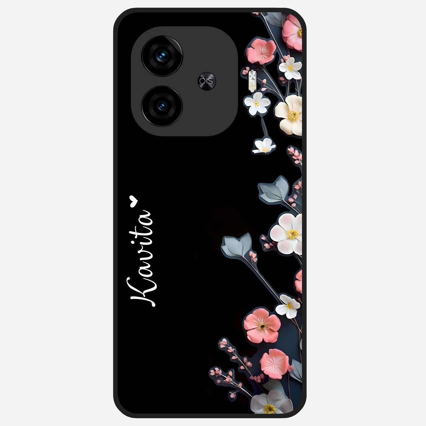  Black Elegance Floral Custom Name Glass Case for  iQOO Z9 Turbo back cover – full design glossy printed glass finish