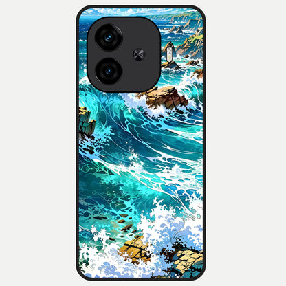  Coastal Blue Waves Glass Case for  iQOO Z9 Turbo back cover – full design glossy printed glass finish