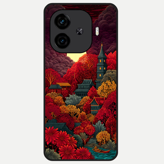  Scarlet Autumn Temple Glass Case for  iQOO Z9 Turbo back cover – full design glossy printed glass finish