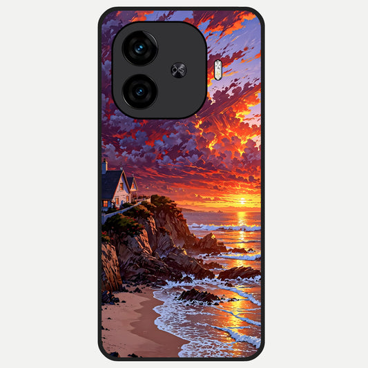  Sunset House By Sea Glass Case for  iQOO Z9 Turbo back cover – full design glossy printed glass finish