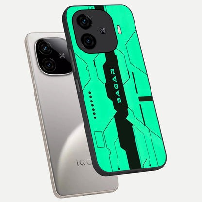  Aqua Tech CYBERPUNK Custom Name phone case for  iQOO Z9 Turbo showing premium glass back cover with detailed artwork