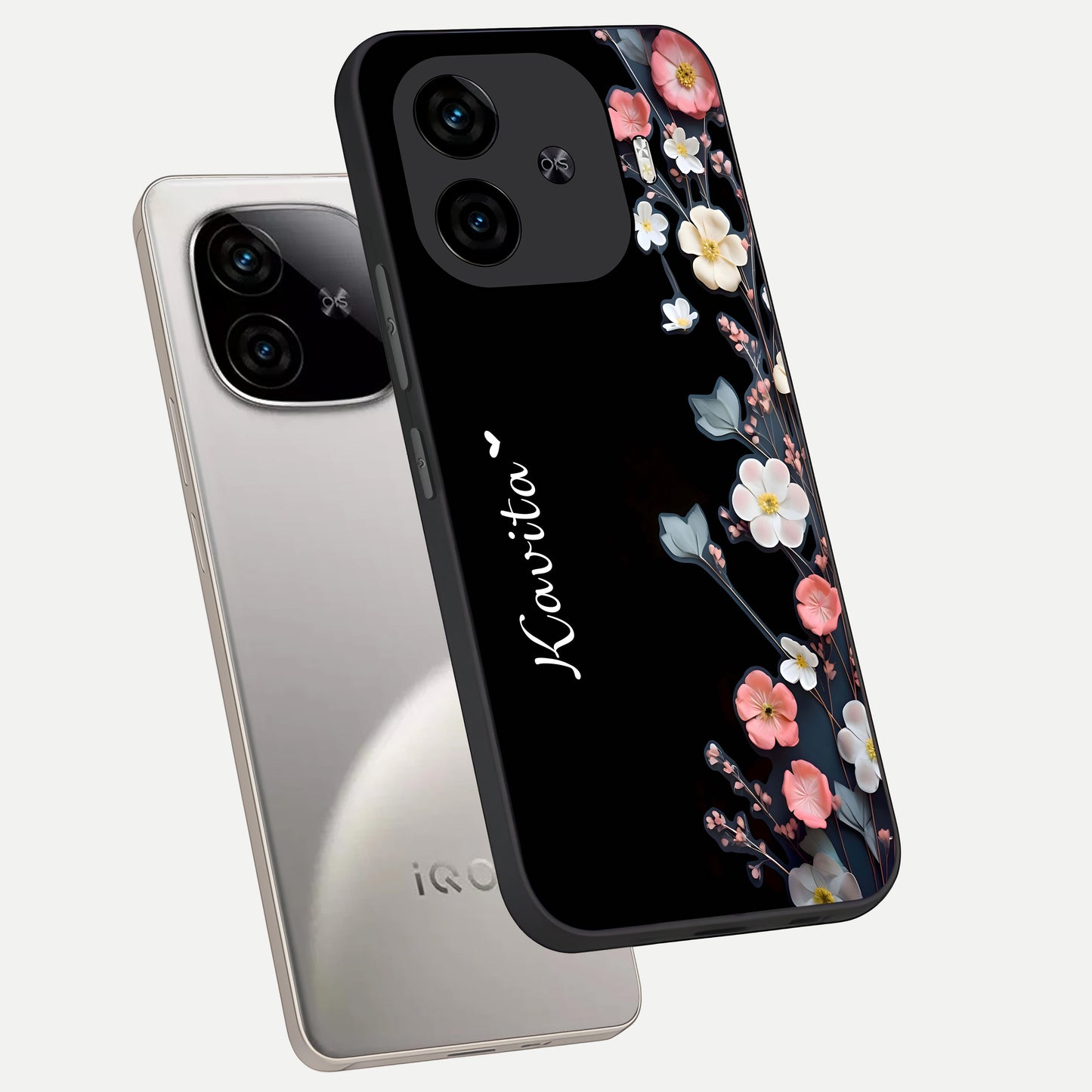  Black Elegance Floral Custom Name phone case for  iQOO Z9 Turbo showing premium glass back cover with detailed artwork