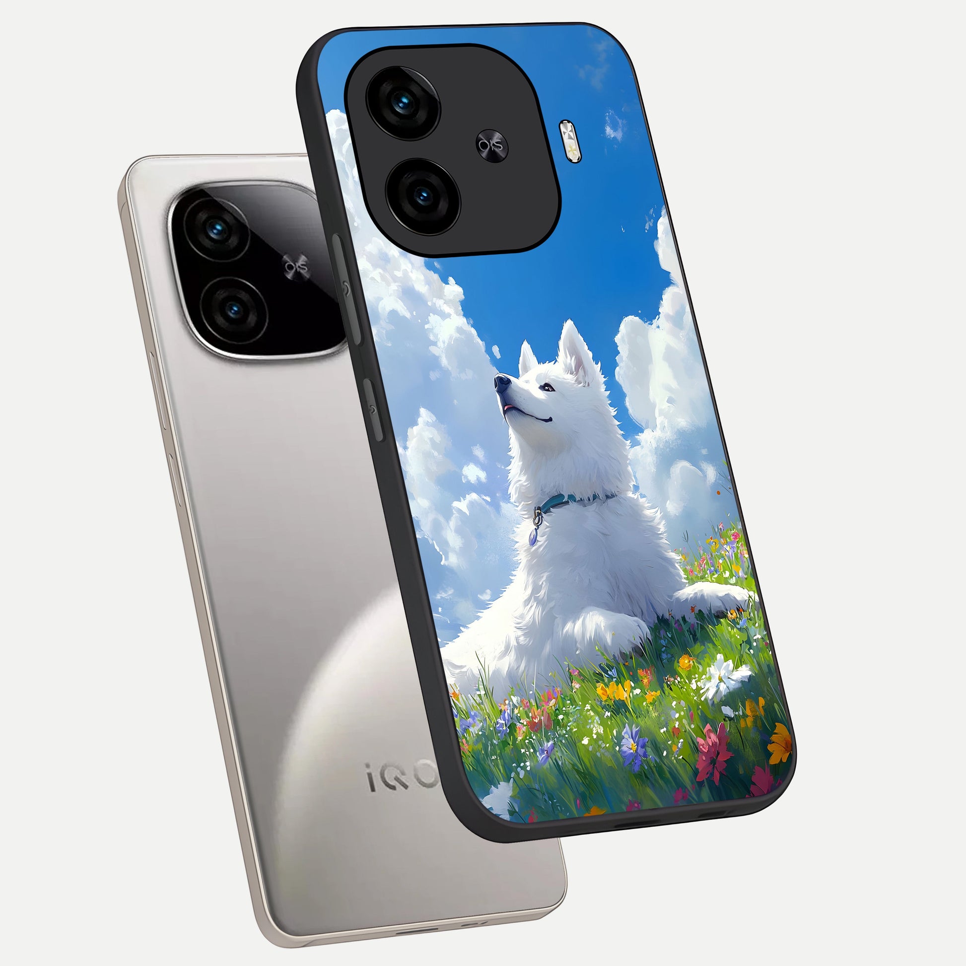  Blissful Cloud Pup phone case for  iQOO Z9 Turbo showing premium glass back cover with detailed artwork