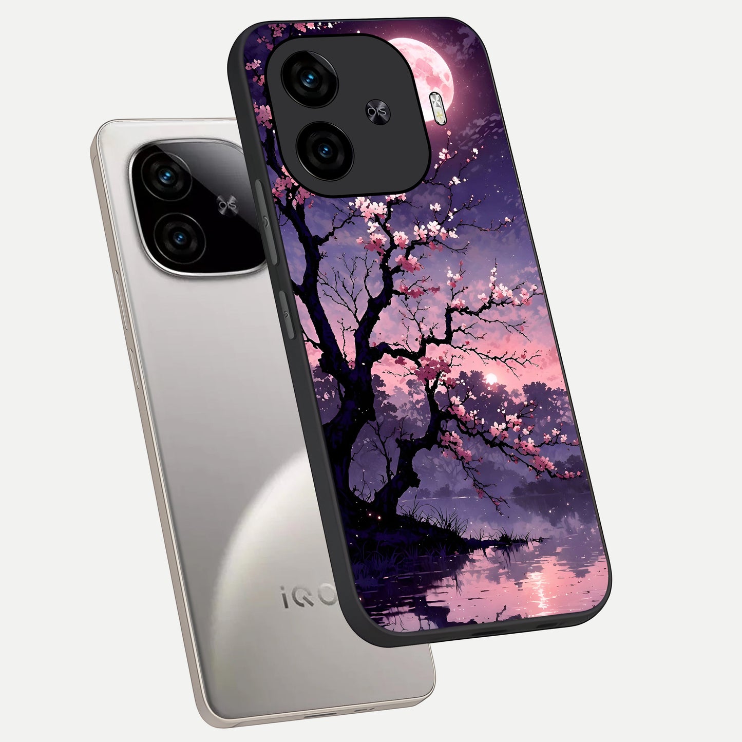  Blossom Pink Moon phone case for  iQOO Z9 Turbo showing premium glass back cover with detailed artwork