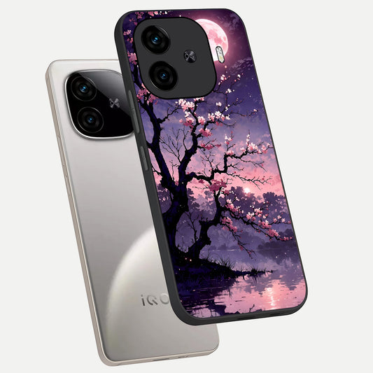  Blossom Pink Moon phone case for  iQOO Z9 Turbo showing premium glass back cover with detailed artwork
