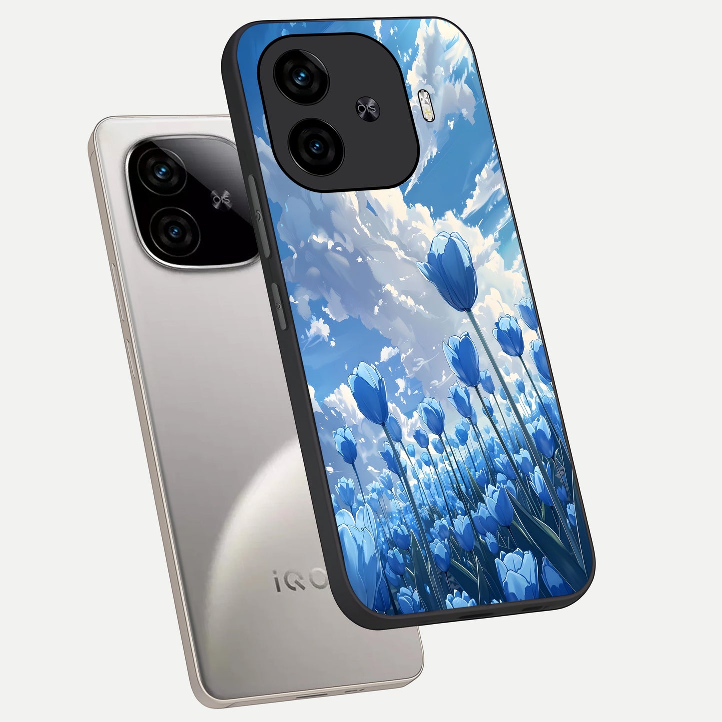 Blue Tulip Clouds phone case for  iQOO Z9 Turbo showing premium glass back cover with detailed artwork