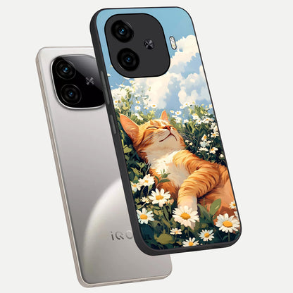  Cat And Flowers View phone case for  iQOO Z9 Turbo showing premium glass back cover with detailed artwork
