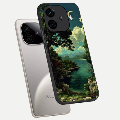  Celestial Lake Peace phone case for  iQOO Z9 Turbo showing premium glass back cover with detailed artwork