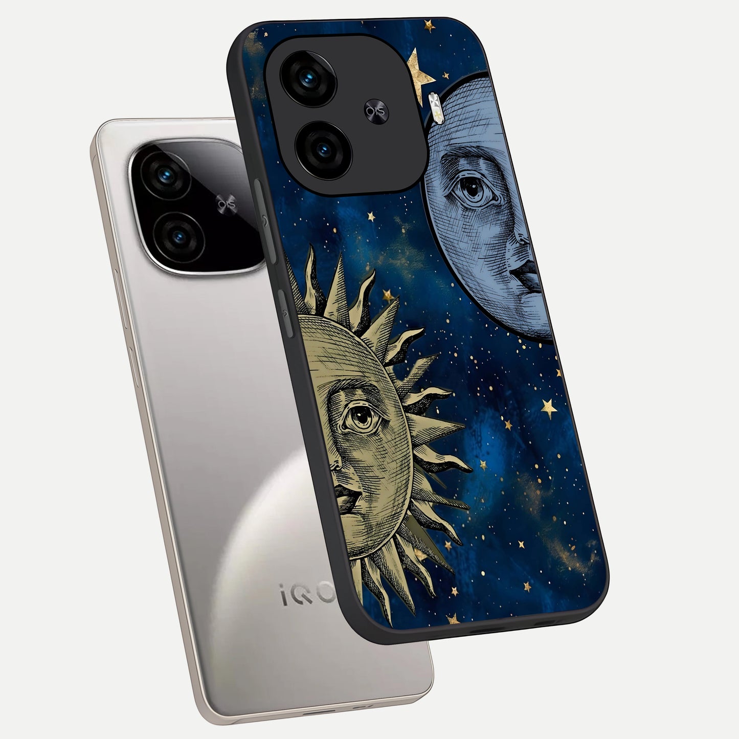  Celestial Moon With Sun phone case for  iQOO Z9 Turbo showing premium glass back cover with detailed artwork