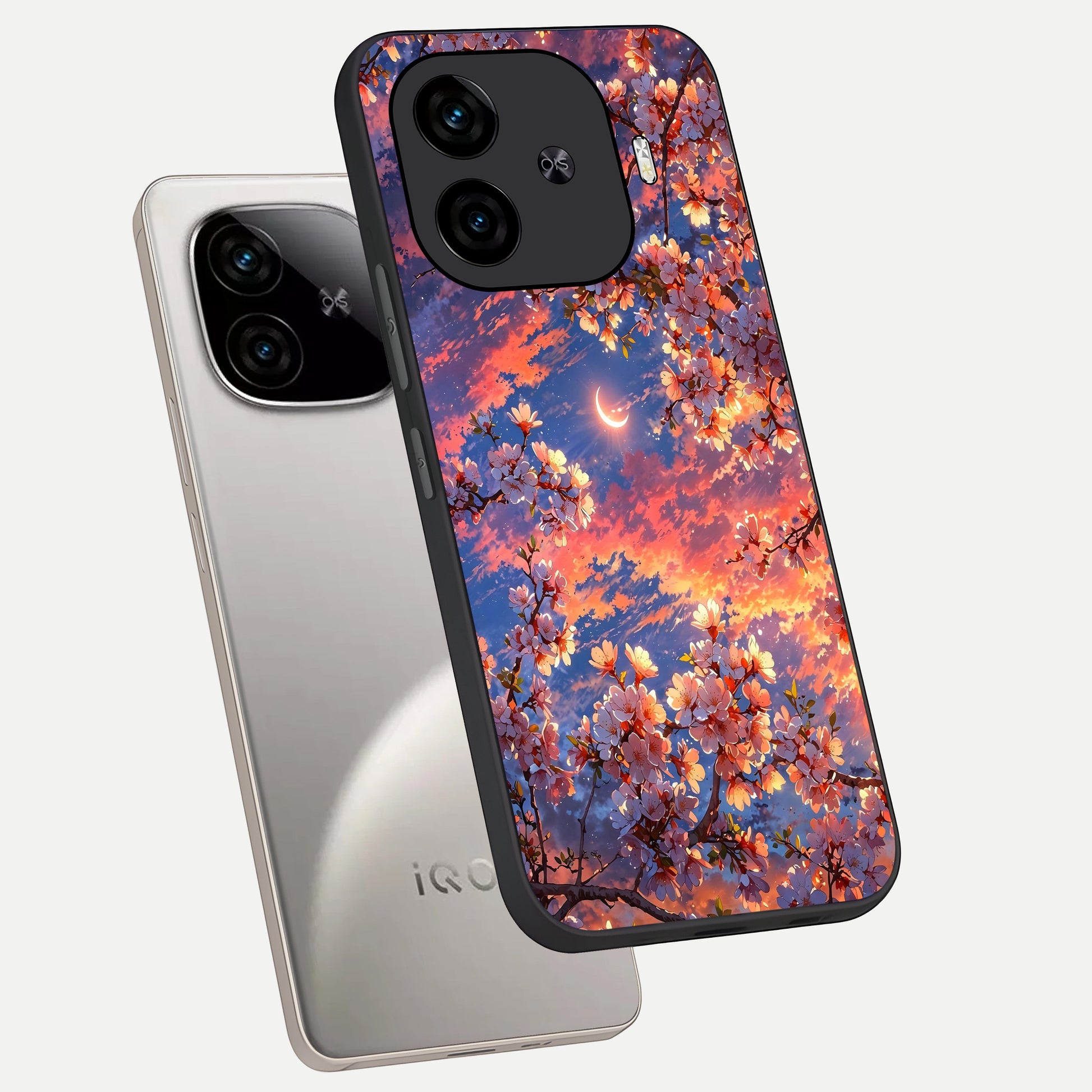  Celestial Sakura Sunset phone case for  iQOO Z9 Turbo showing premium glass back cover with detailed artwork