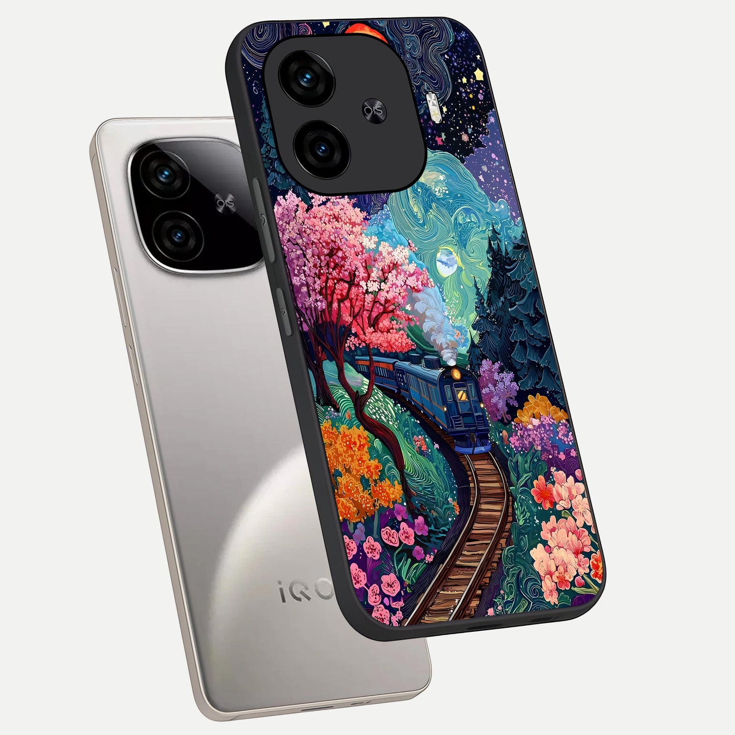  Celestial Train Journey phone case for  iQOO Z9 Turbo showing premium glass back cover with detailed artwork