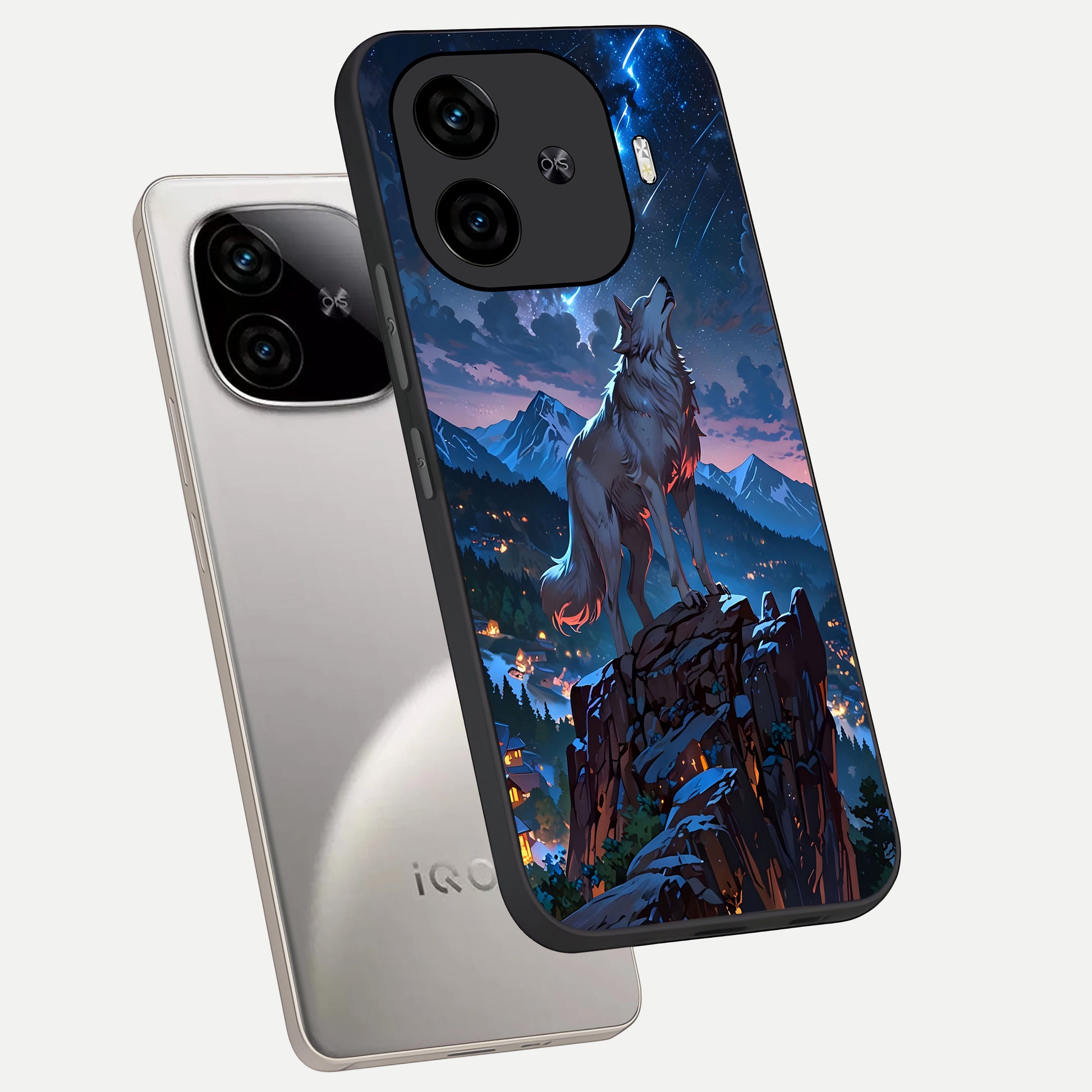  Celestial Wolf Howl phone case for  iQOO Z9 Turbo showing premium glass back cover with detailed artwork
