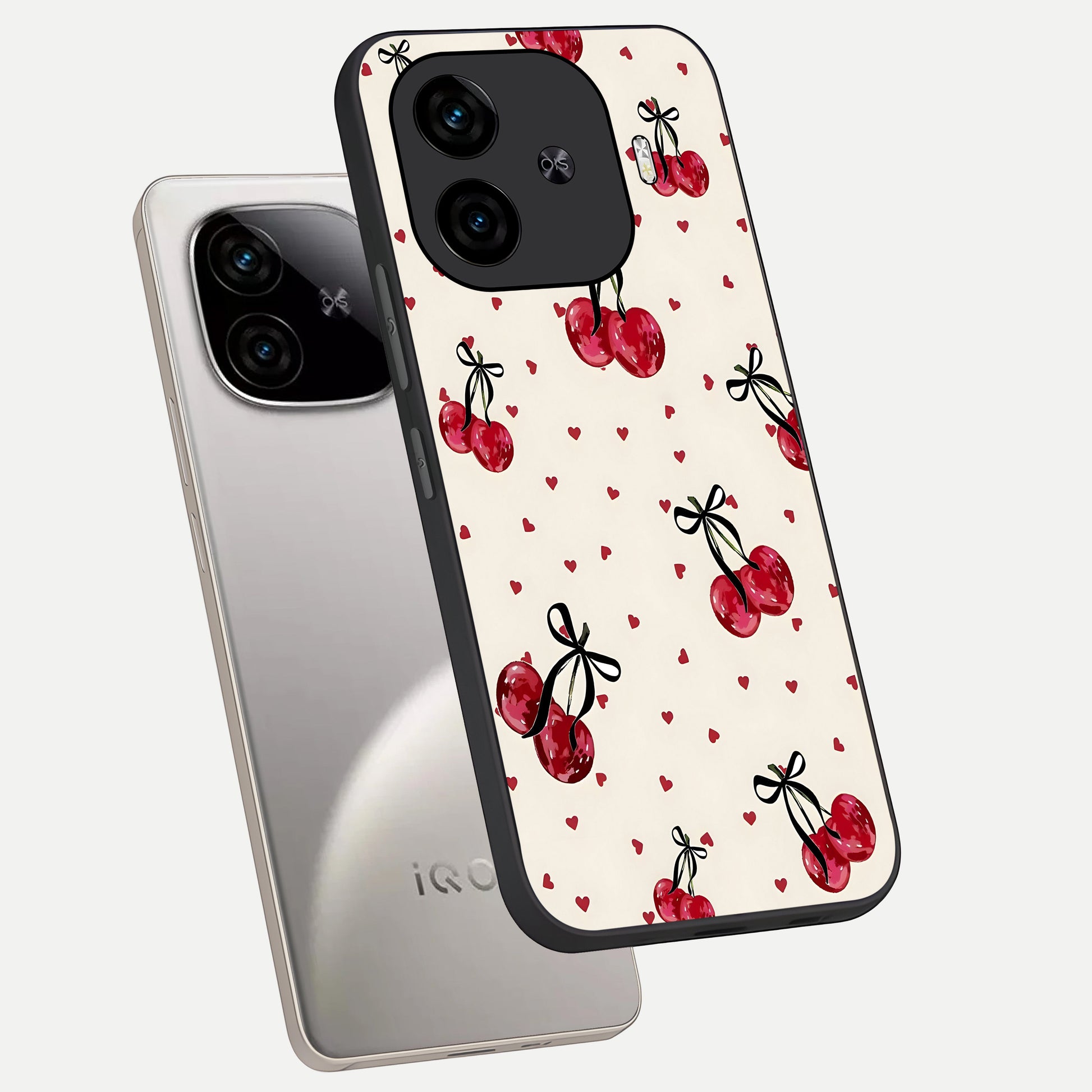  Cherry Heart Bow phone case for  iQOO Z9 Turbo showing premium glass back cover with detailed artwork