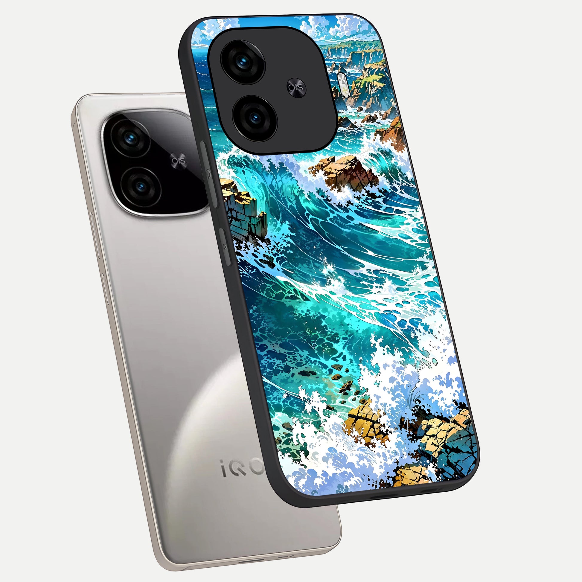  Coastal Blue Waves phone case for  iQOO Z9 Turbo showing premium glass back cover with detailed artwork