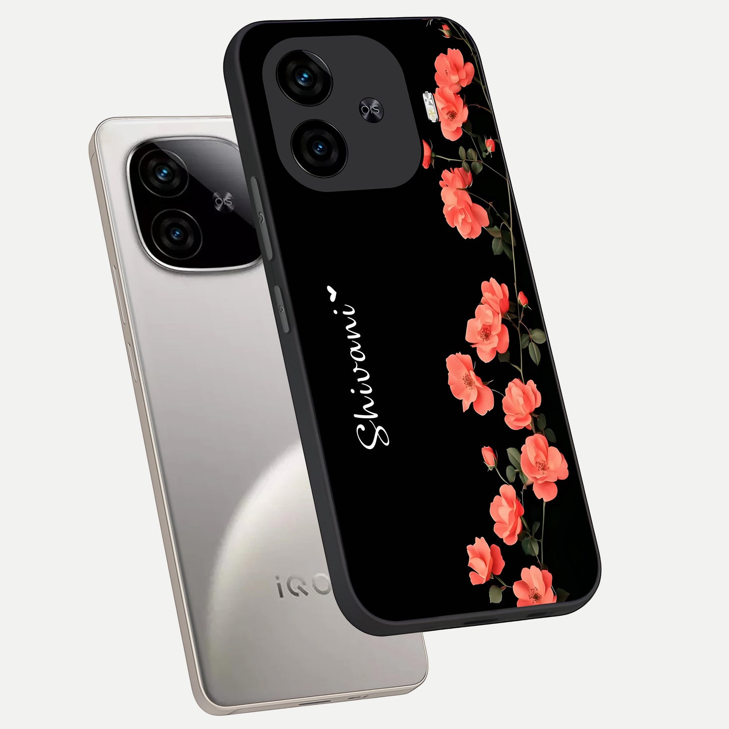  Crimson Bloom Grace Custom Name phone case for  iQOO Z9 Turbo showing premium glass back cover with detailed artwork
